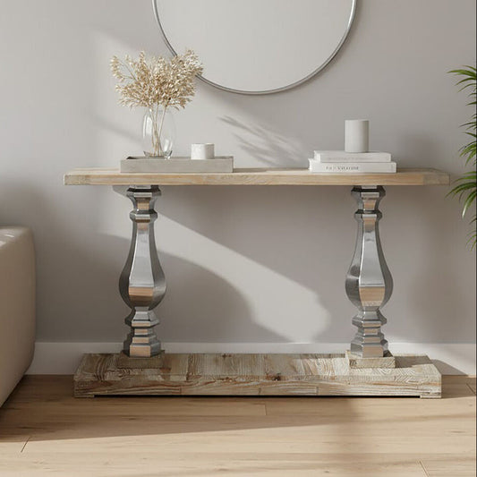 Brown Whitewash Pine Wooden Console Table with Carved Silver Pillar Columns and Brown Wooden Base, Richmond
