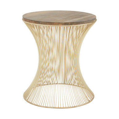 Natural Solid Rustic Wood Top Side Table with Gold Finish Metallic Hourglass Base | Templar