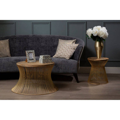 Gold Wooden Top Coffee Table with Metallic Hourglass Frame | Templar