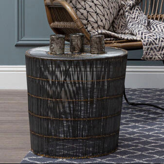 Silver Iron Wire Drum Shaped Side Table with Gold Coloured Lines, Templar