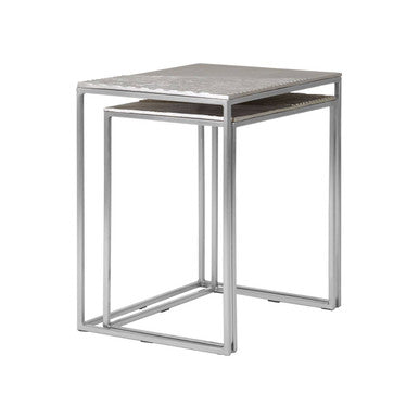 Silver Nickel Set of Two Rectangular Nesting Tables with Textured Aluminium Tops and Sleek Iron Frame, Templar