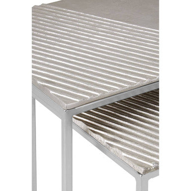 Silver Nickel Set of Two Rectangular Nesting Tables with Textured Aluminium Tops and Sleek Iron Frame, Templar