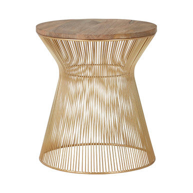 Natural Wood Top Small Coffee Table with Gold Open Wire Hourglass Design Base | Templar
