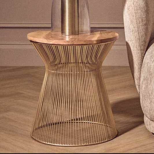 Natural Wood Top Small Coffee Table with Gold Open Wire Hourglass Design Base, Templar