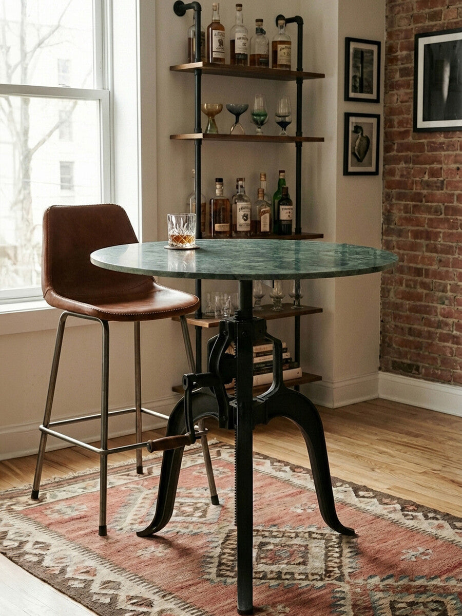 Green Marble Top Small Bar Table with Black Iron Cabriole Legs and Crank Mechanism | Vasco