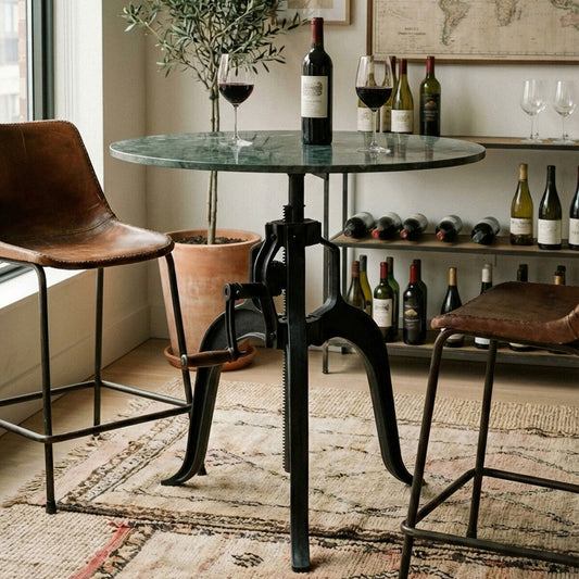 Green Marble Top Small Bar Table with Black Iron Cabriole Legs and Crank Mechanism, Vasco