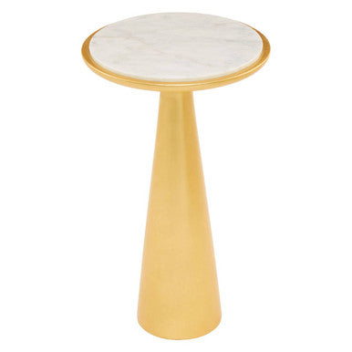 White Marble Top Large Side Table with Gold Finish Conical Wood Base | Lino