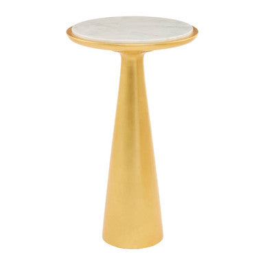 White Marble Top Large Side Table with Gold Finish Conical Wood Base, Lino