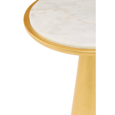 White Marble Top Large Side Table with Gold Finish Conical Wood Base | Lino