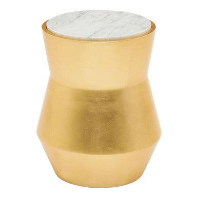 Small Gold Drum Wood Side Table with White Marble Top | Lino
