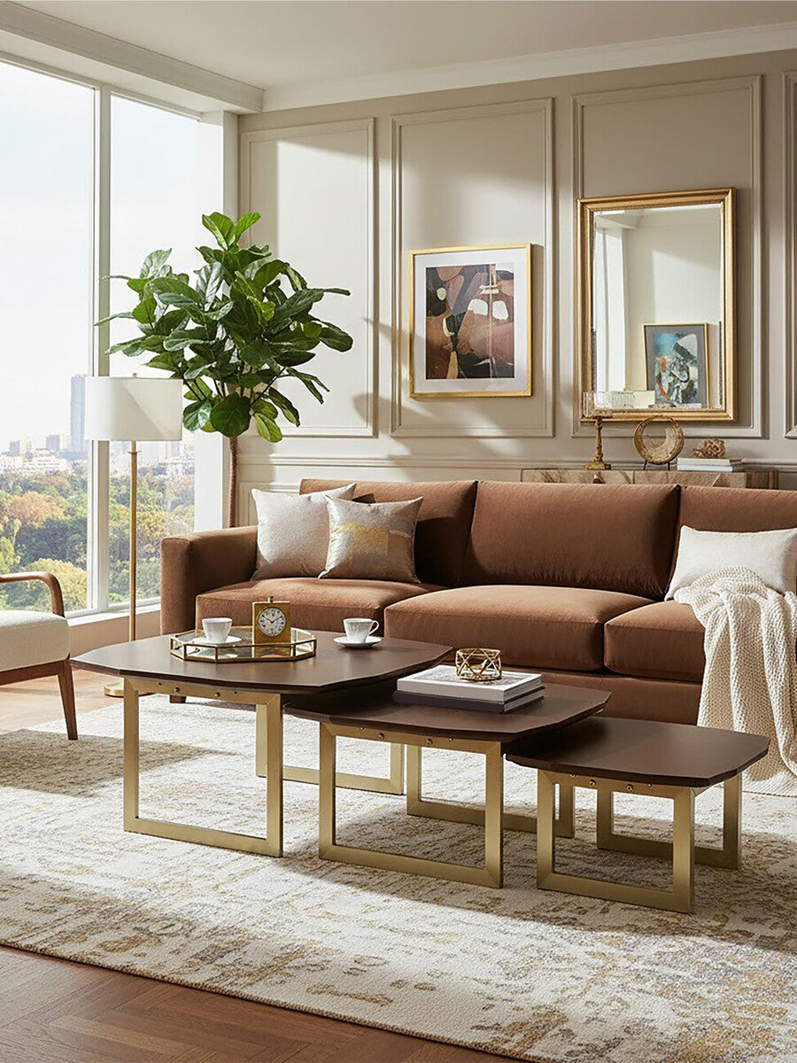 Set of 3 Brown Walnut Wood Nesting Side Tables with Gold Finish Metal Legs, Villi