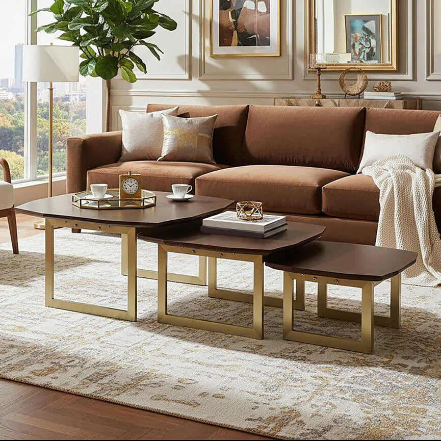 Set of 3 Brown Walnut Wood Nesting Side Tables with Gold Finish Metal Legs, Villi