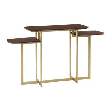 Brown Wood Multi Level 3 Tier Console Table with Gold Finish Metal Frame | Villi