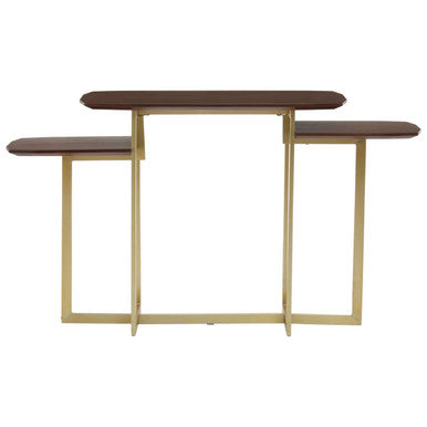 Brown Wood Multi Level 3 Tier Console Table with Gold Finish Metal Frame | Villi