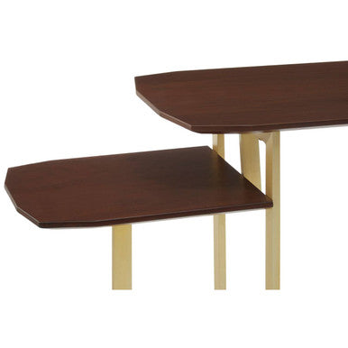 Brown Wood Multi Level 3 Tier Console Table with Gold Finish Metal Frame | Villi