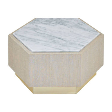 White Marble Top Hexagonal Small Side Table with Whitewash Oak Body and Gold Finish Base, Villi