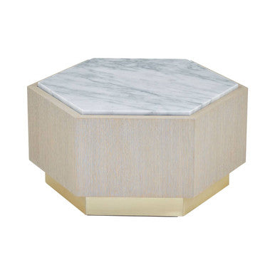 White Marble Top Hexagonal Small Side Table with Whitewash Oak Body and Gold Finish Base | Villi