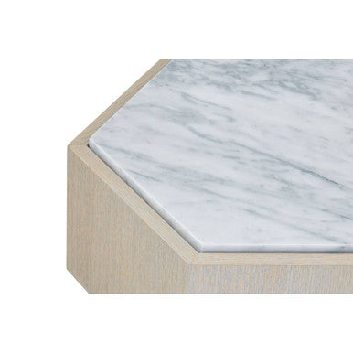 White Marble Top Hexagonal Small Side Table with Whitewash Oak Body and Gold Finish Base, Villi