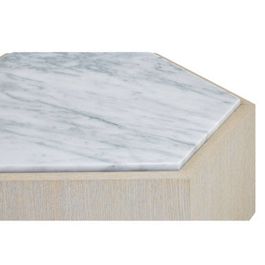 White Marble Top Hexagonal Small Side Table with Whitewash Oak Body and Gold Finish Base, Villi