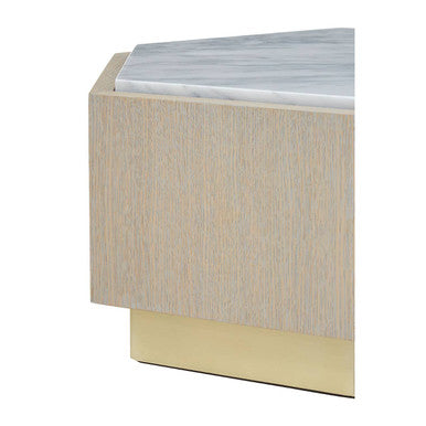 White Marble Top Hexagonal Small Side Table with Whitewash Oak Body and Gold Finish Base, Villi