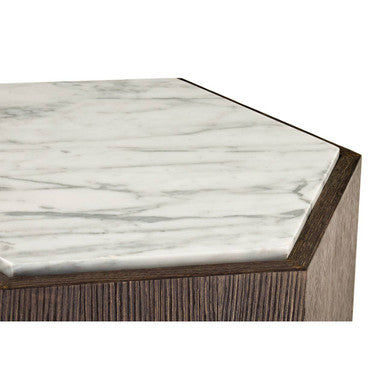 Dark Oak Hexagon Wood Side Table with White and Grey Marble Top and Gold Finish Metallic Base, Villi