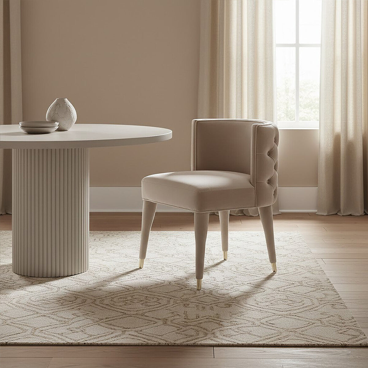 Villi Beige Velvet Tufted Curved Dining Chair
