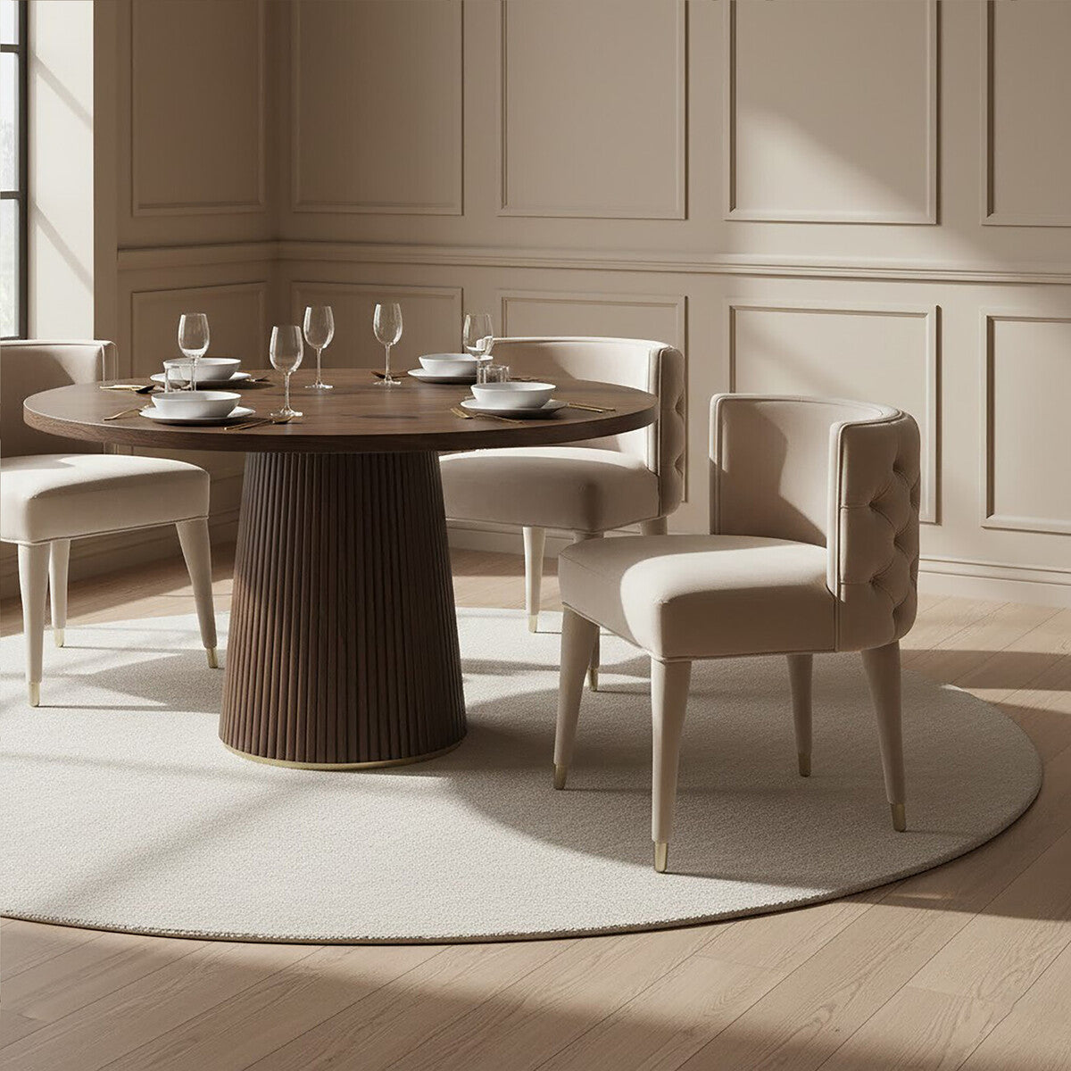 Villi Beige Velvet Tufted Curved Dining Chair