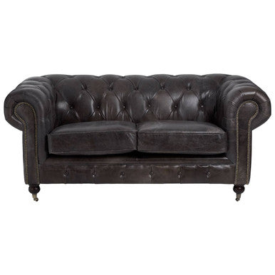 2 Seater Dark Grey Brown Leather Chesterfield Sofa, Victor