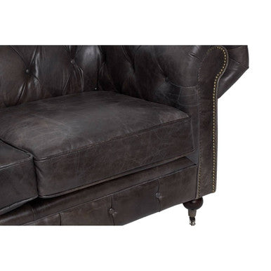 2 Seater Dark Grey Brown Leather Chesterfield Sofa, Victor