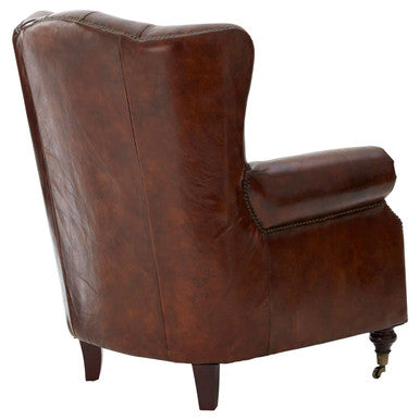 Victor Mocha Brown Leather Scroll Armchair with Button Tufted Backrest
