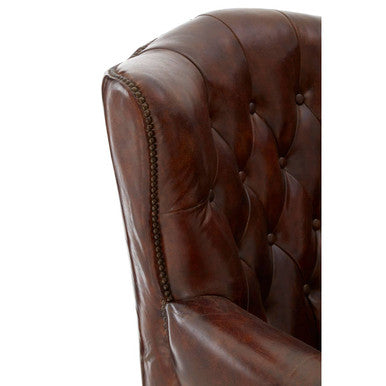 Victor Mocha Brown Leather Scroll Armchair with Button Tufted Backrest