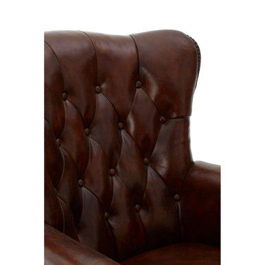 Victor Mocha Brown Leather Scroll Armchair with Button Tufted Backrest