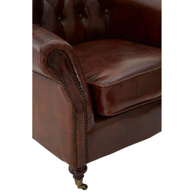Victor Mocha Brown Leather Scroll Armchair with Button Tufted Backrest