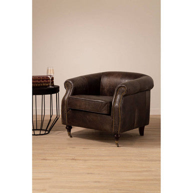 Dark Grey Brown Leather Curved Armchair | Victor