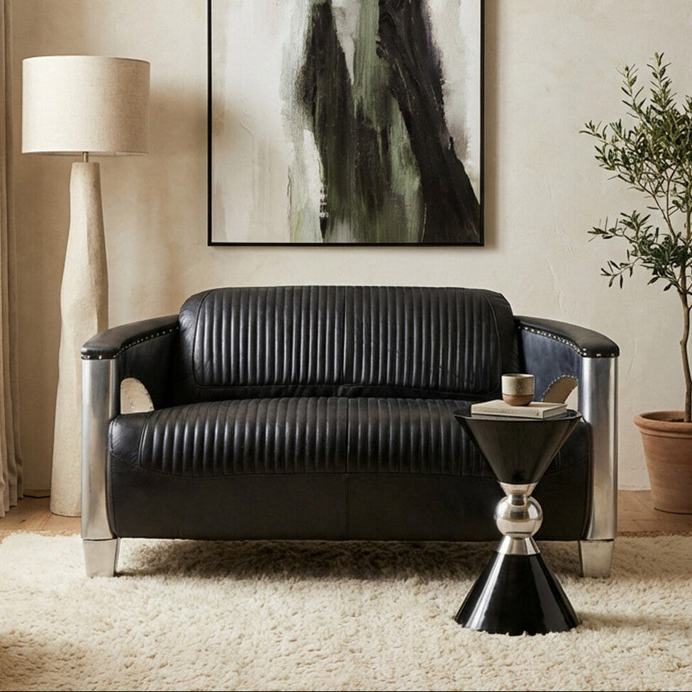 2 Seater Black Leather Sofa | Victor