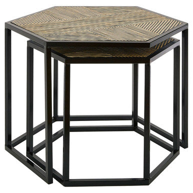 Set of 2 Natural Wood and Black Hexagon Side Tables with Black Metal Frame | Babita