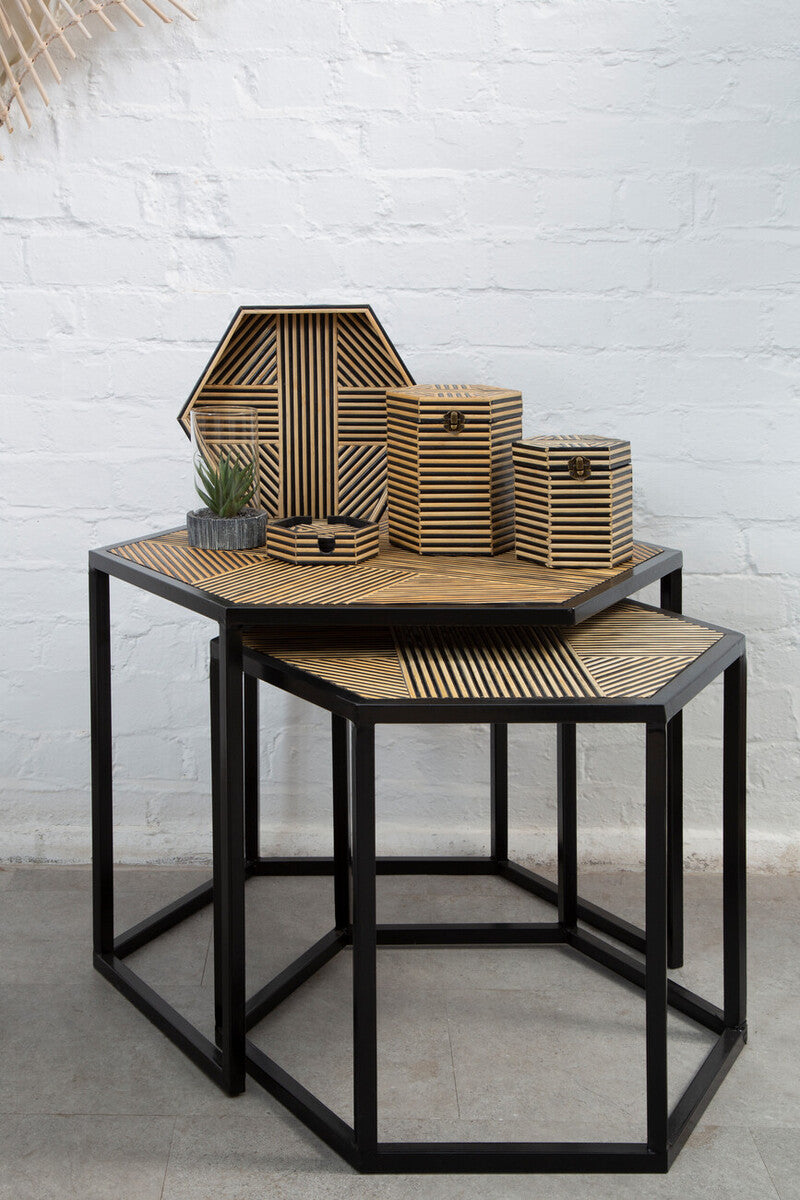 Set of 2 Natural Wood and Black Hexagon Side Tables with Black Metal Frame | Babita