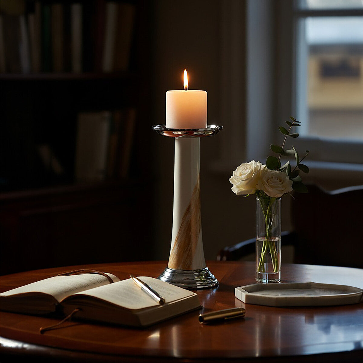 Alma White and Gold Metal Candle Holder with Brushstroke Design