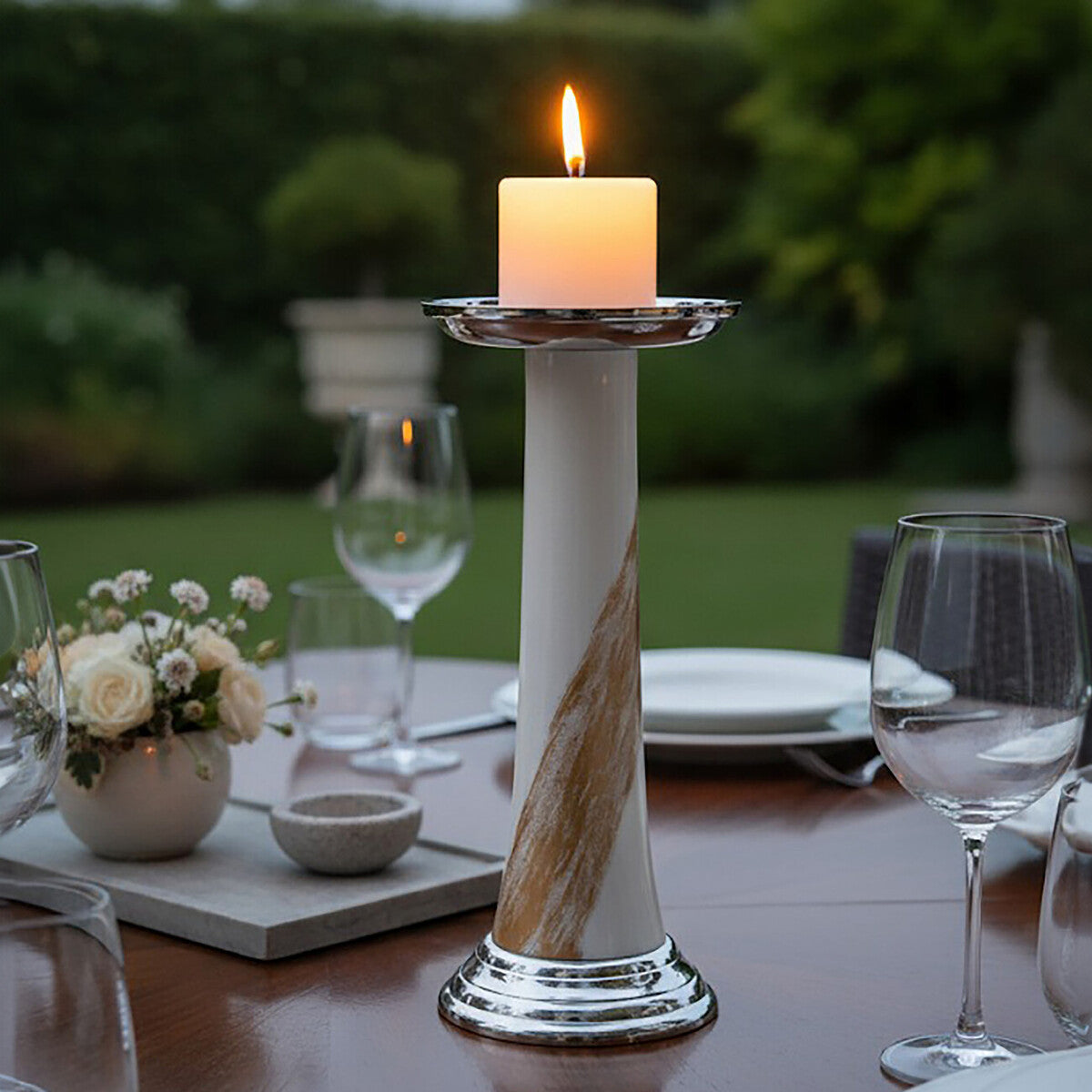 Alma White and Gold Metal Candle Holder with Brushstroke Design