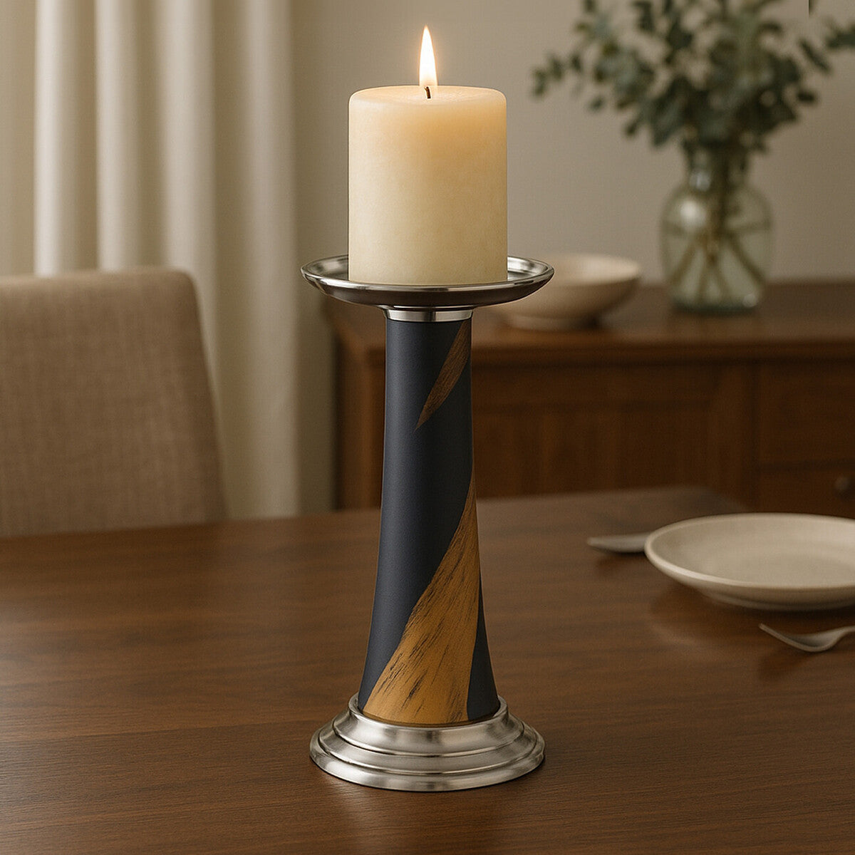 Alma Blue and Gold Metal Candle Holder with Brushstroke Design