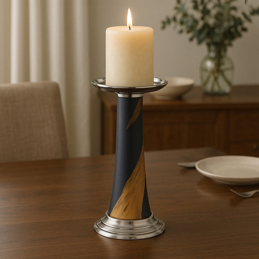 Alma Blue and Gold Metal Candle Holder with Brushstroke Design