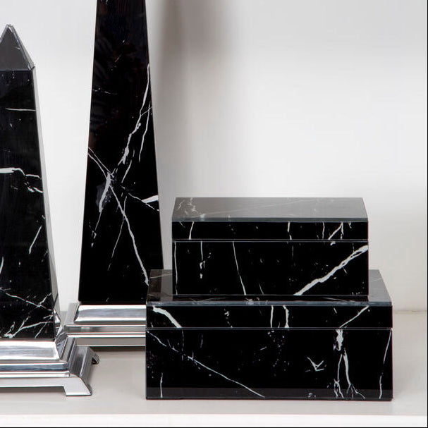Renata Small Black Marble Design Glass Trinket Box