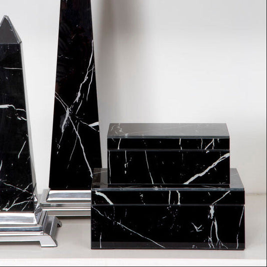 Renata Small Black Marble Design Glass Trinket Box