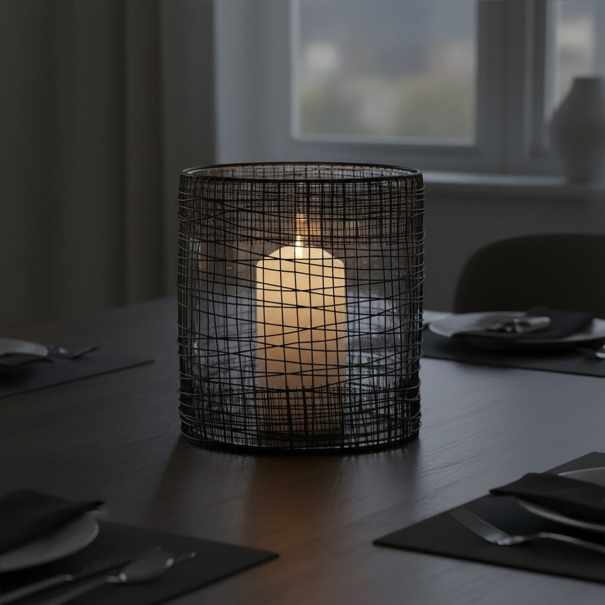 Trento Glass and Black Finish Metal Cylindrical Lantern