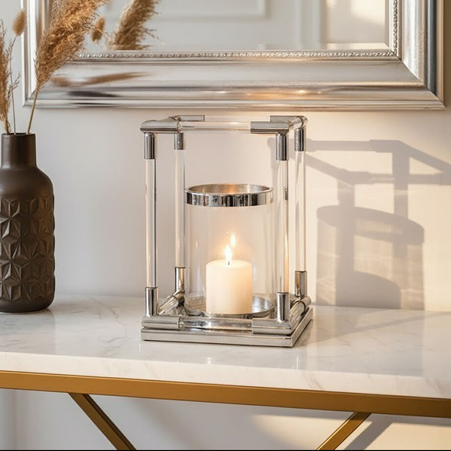 Small Candle Holder in  Silver Finish and Acrylic | Lucita