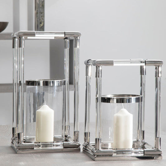 Lucita Large Candle Holder in Silver Finish and Acrylic