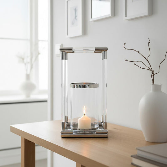 Lucita Large Candle Holder in Silver Finish and Acrylic
