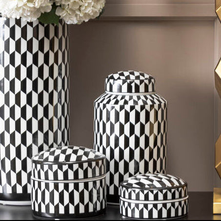 Marlo Small Black and White Geometric Print Ceramic Trinket Box