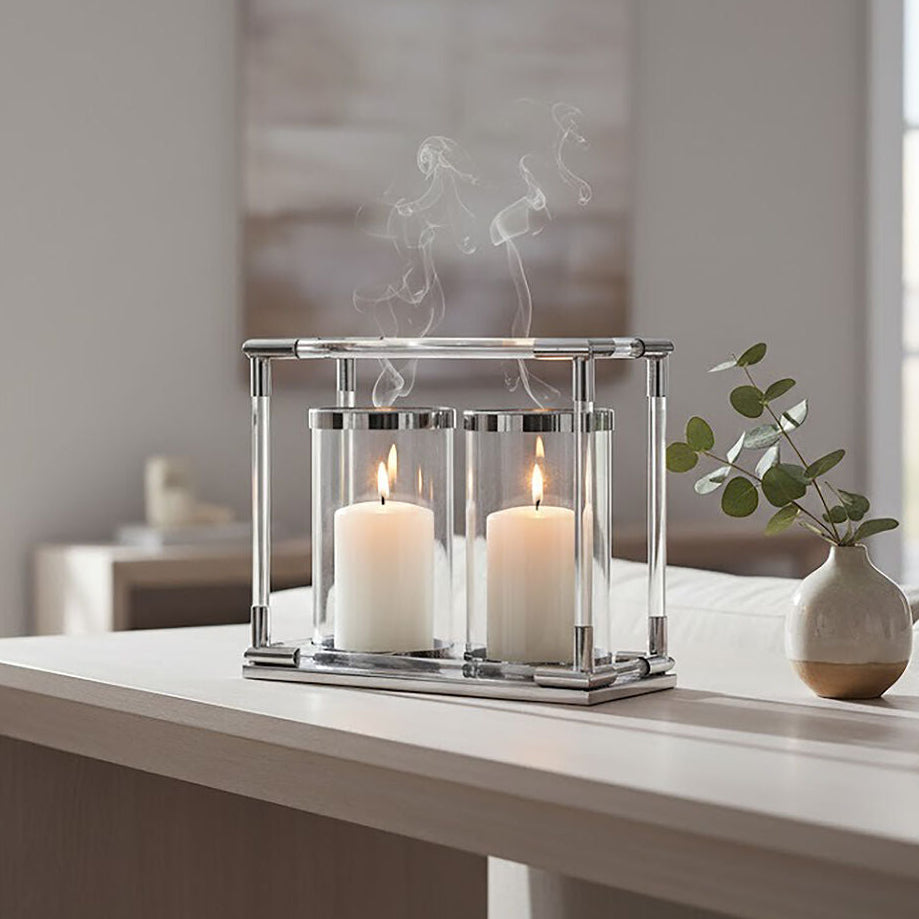 Lucita Double Silver Steel And Acrylic Candle Holder