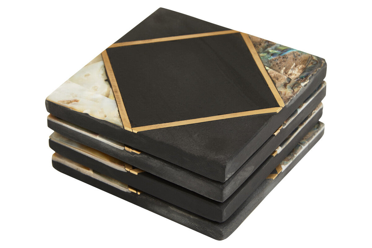 Oriana Set Of 4 Black Slate with Mother of Pearl Inlay Coasters